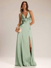 SHEIN BAE Women\'s Elegant Sage Green Satin Draped Neck Fitted Side High Slit Dress,Summer Wedding Guest Party Banquet Wedding Night Out Date | SHEIN USA at Shein
